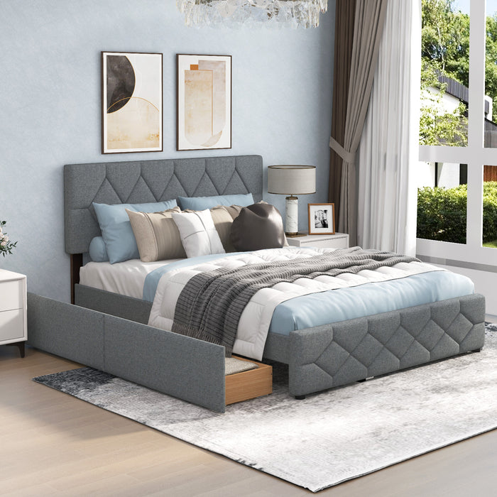 Queen Upholstered Platform Bed with Trundle and 2 Drawers No Box Spring Needed Noise Free-Gray