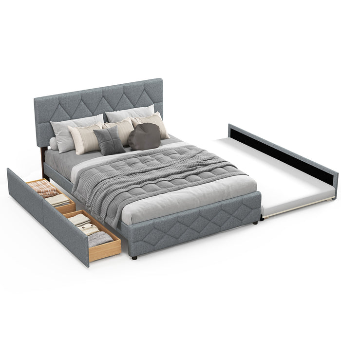 Queen Upholstered Platform Bed with Trundle and 2 Drawers No Box Spring Needed Noise Free-Gray