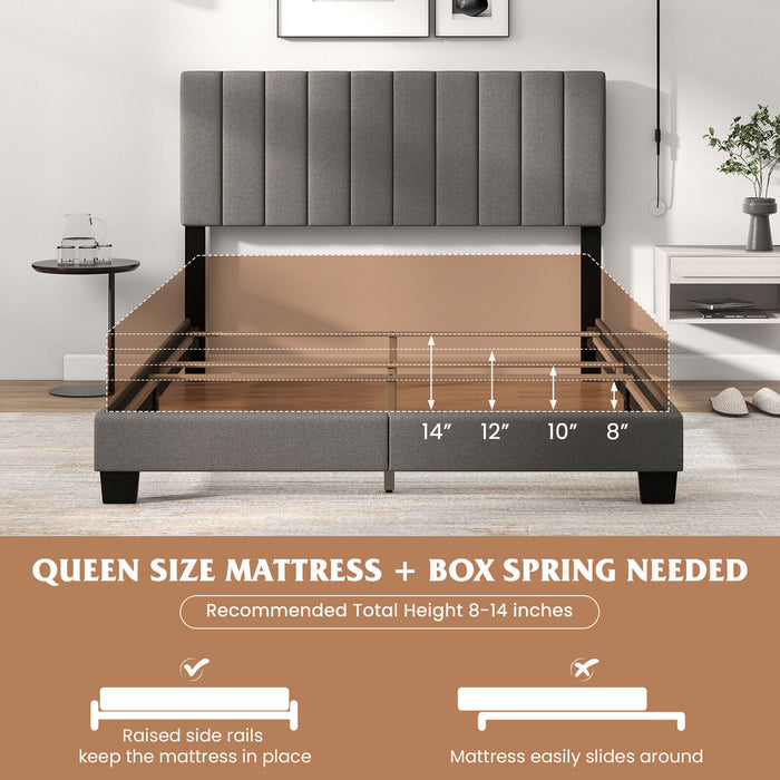 Queen Size Upholstered Bed Frame with Vertical Channel Tufted Headboard Gray