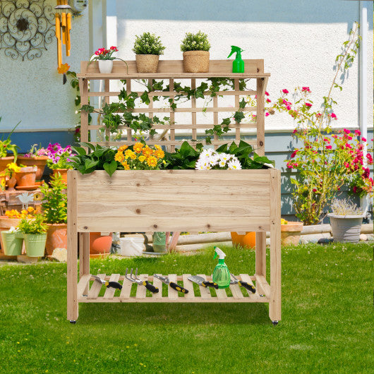 Wooden Raised Garden Bed with Wheels Trellis and Storage Shelf