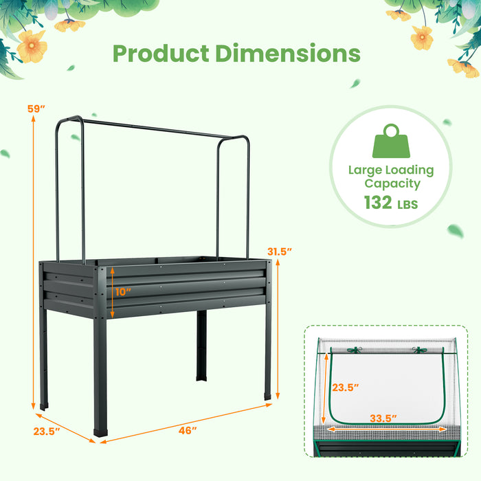 3-in-1 Raised Garden Bed with Greenhouse Cover and Trellis-Grey