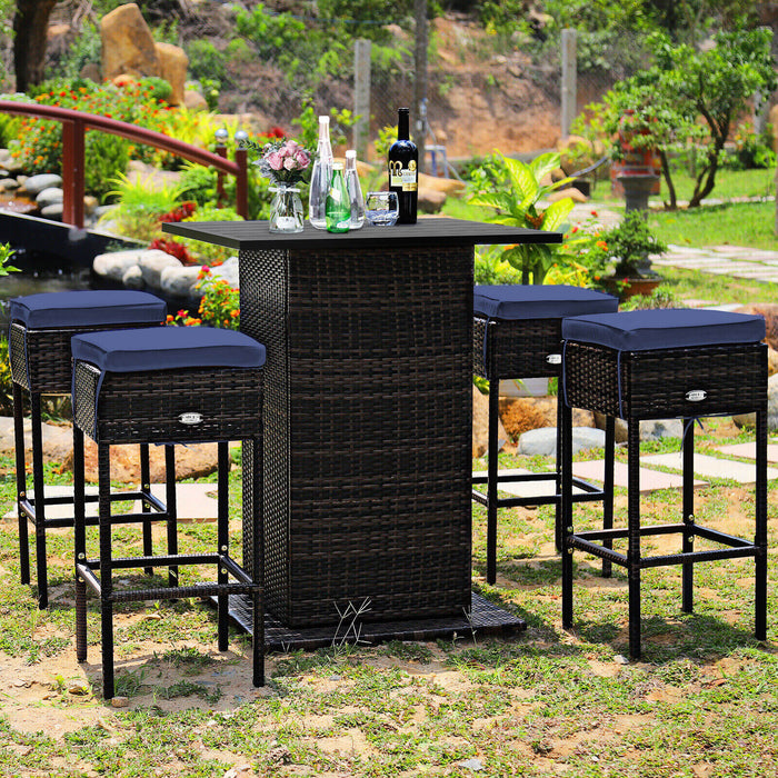 5 Pieces Patio Rattan Bar Table Stool Set Hidden Storage Shelf Cushioned-Navy