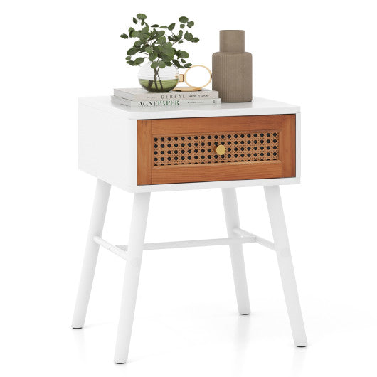 Rattan Nightstand Mid Century Modern Accent Table with Drawer-White