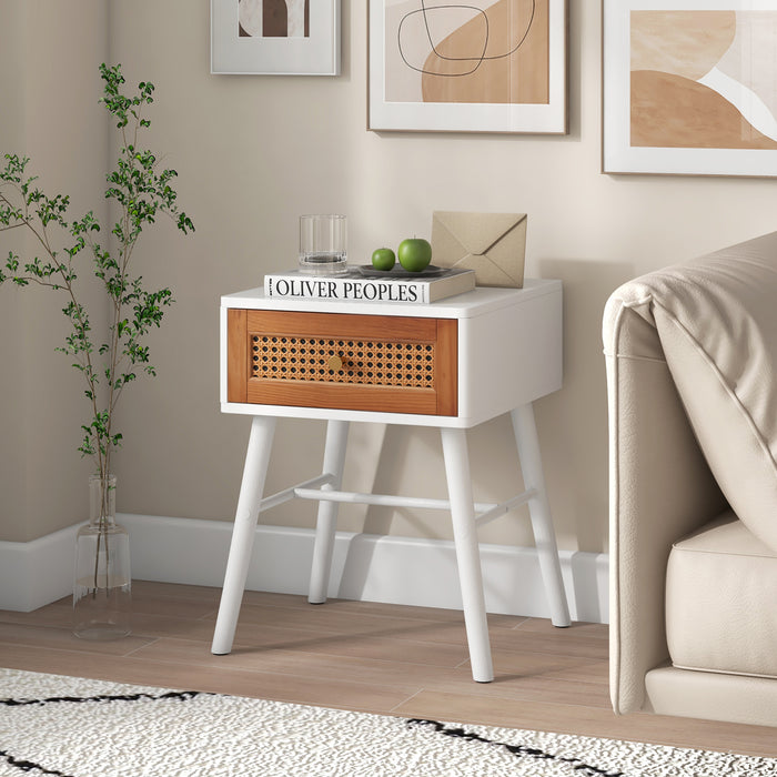 Rattan Nightstand Mid Century Modern Accent Table with Drawer-White