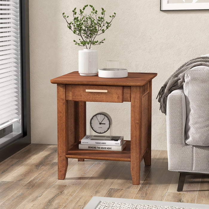 Rattan Nightstand End Table with Drawer and Storage Shelf-Walnut