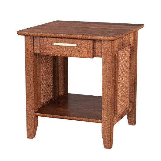 Rattan Nightstand End Table with Drawer and Storage Shelf-Walnut