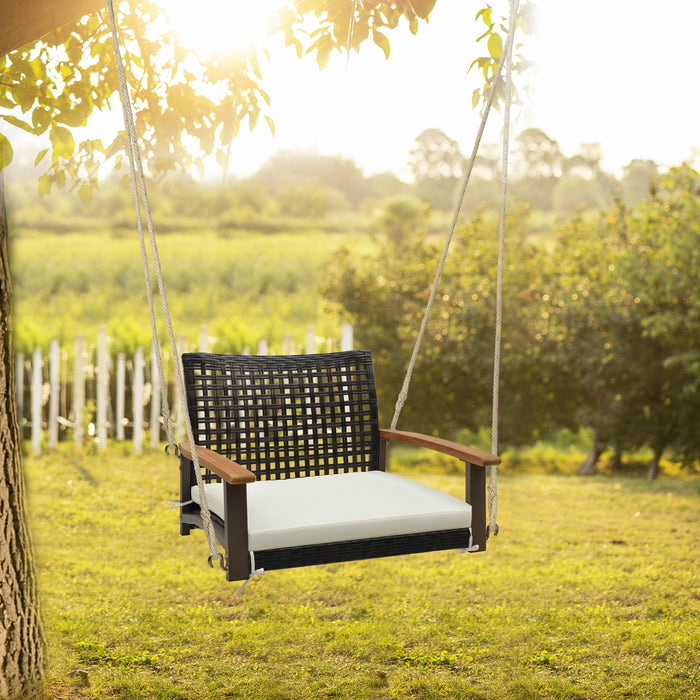 Single Rattan Porch Swing with Armrests Cushion and Hanging Ropes-White