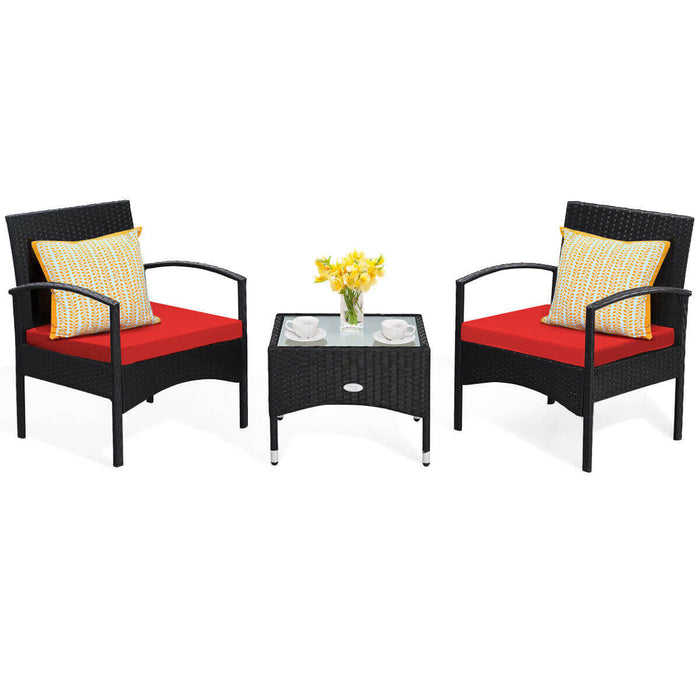 3 Pieces Patio Wicker Rattan Furniture Set with Cushion for Lawn Backyard-Red