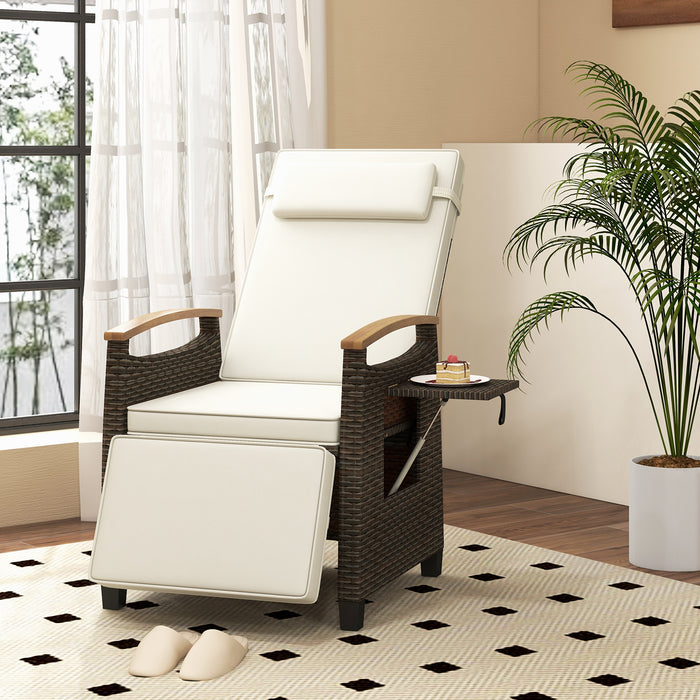 Patio Wicker Recliner Chair with Adjustable Backrest and Footrest-White