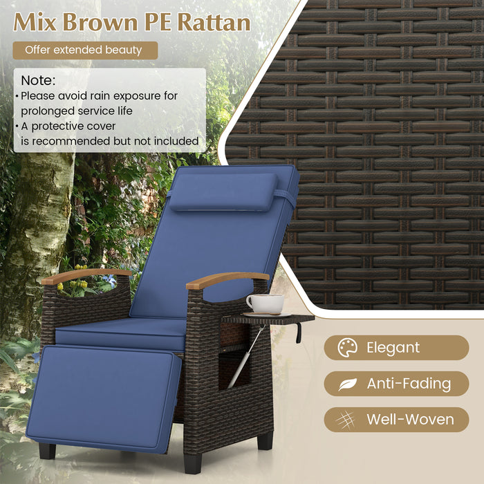 Patio Wicker Recliner Chair with Adjustable Backrest and Footrest-Navy