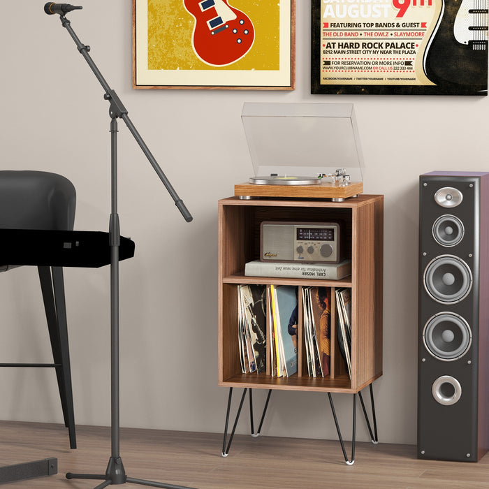 Record Player Stand with Charging Station for Living Room Bedroom-Walnut