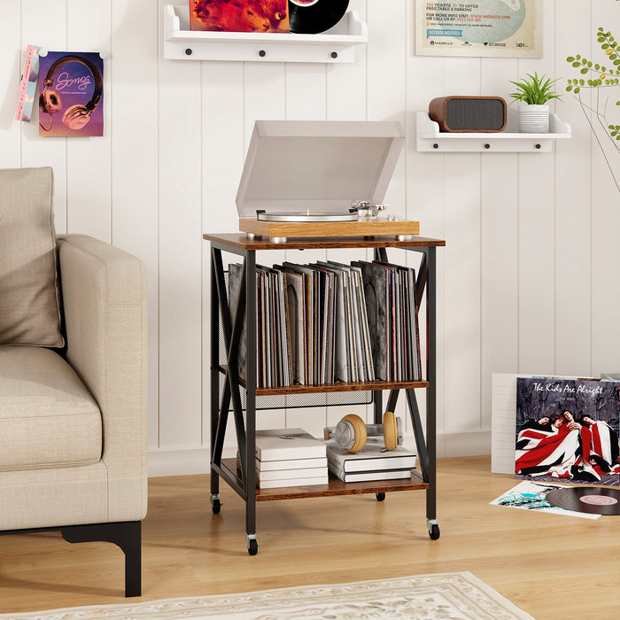 Mid-Century Record Player Stand with Built-in Charging Station-Rustic Brown