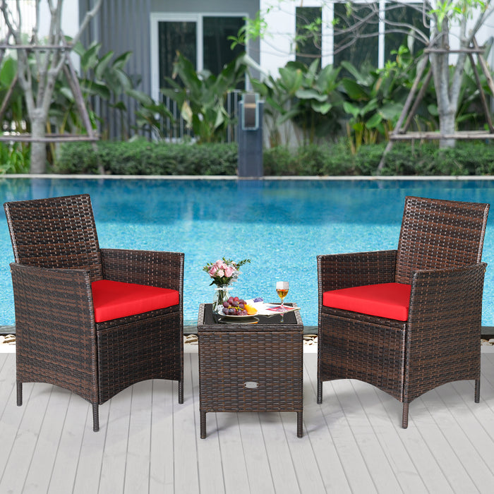 3 Pieces Patio Rattan Furniture Set Cushioned Sofa and Glass Tabletop Deck-Red