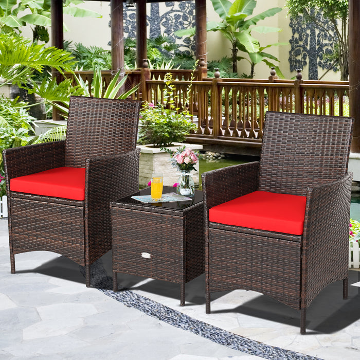 3 Pieces Patio Rattan Furniture Set Cushioned Sofa and Glass Tabletop Deck-Red