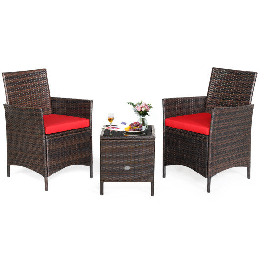 3 Pieces Patio Rattan Furniture Set Cushioned Sofa and Glass Tabletop Deck-Red