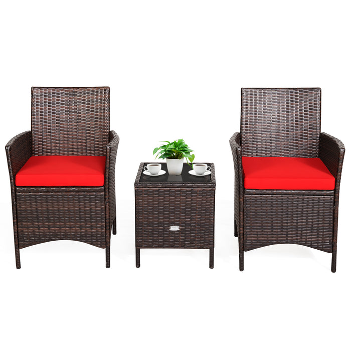 3 Pieces Patio Rattan Furniture Set Cushioned Sofa and Glass Tabletop Deck-Red