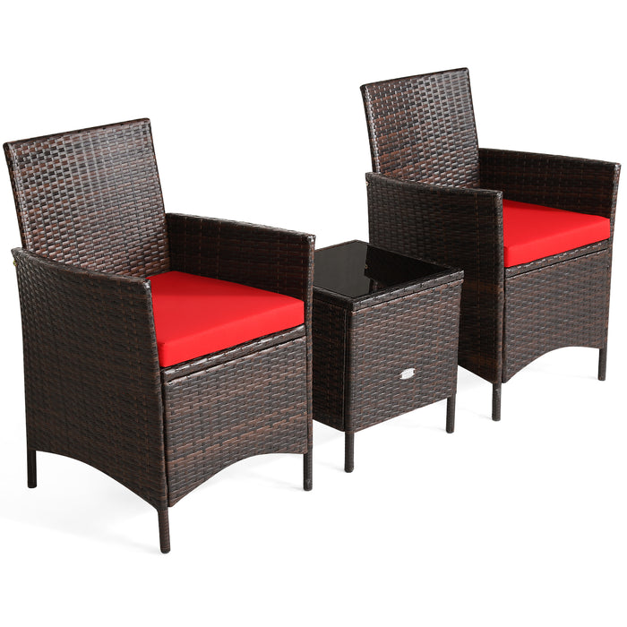 3 Pieces Patio Rattan Furniture Set Cushioned Sofa and Glass Tabletop Deck-Red