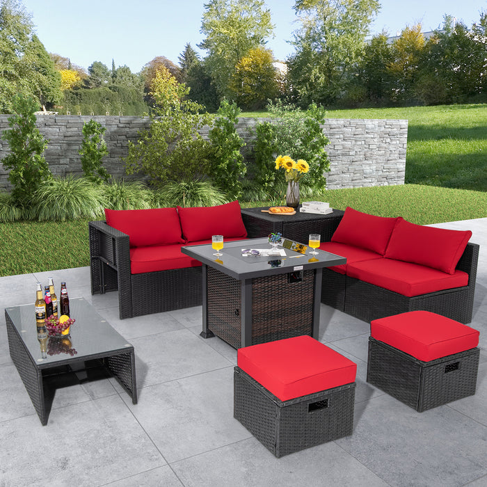 9 Pieces Patio Furniture Set with 32â€ Fire Pit Table and 50000 BTU Square Propane Fire Pit-Red