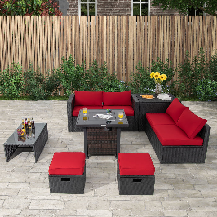 9 Pieces Patio Furniture Set with 32â€ Fire Pit Table and 50000 BTU Square Propane Fire Pit-Red