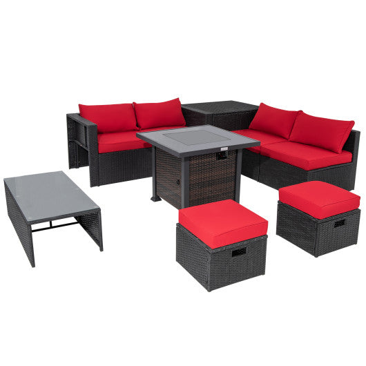 9 Pieces Patio Furniture Set with 32â€ Fire Pit Table and 50000 BTU Square Propane Fire Pit-Red