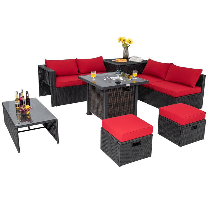 9 Pieces Patio Furniture Set with 32â€ Fire Pit Table and 50000 BTU Square Propane Fire Pit-Red