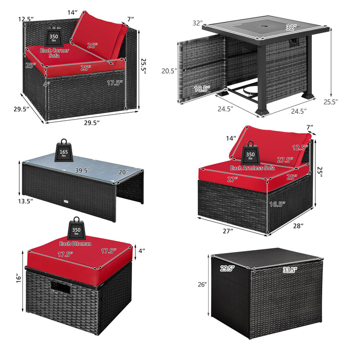 9 Pieces Patio Furniture Set with 32â€ Fire Pit Table and 50000 BTU Square Propane Fire Pit-Red