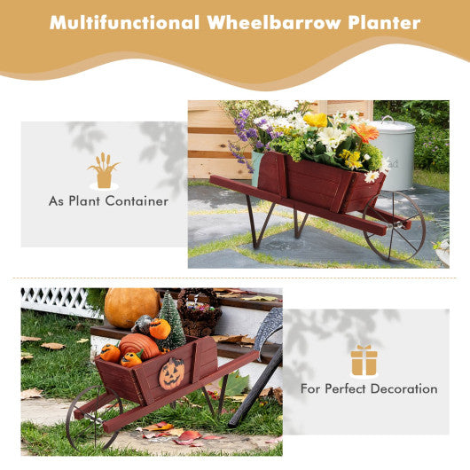 Wooden Wagon Planter with 9 Magnetic Accessories for Garden Yard-Red