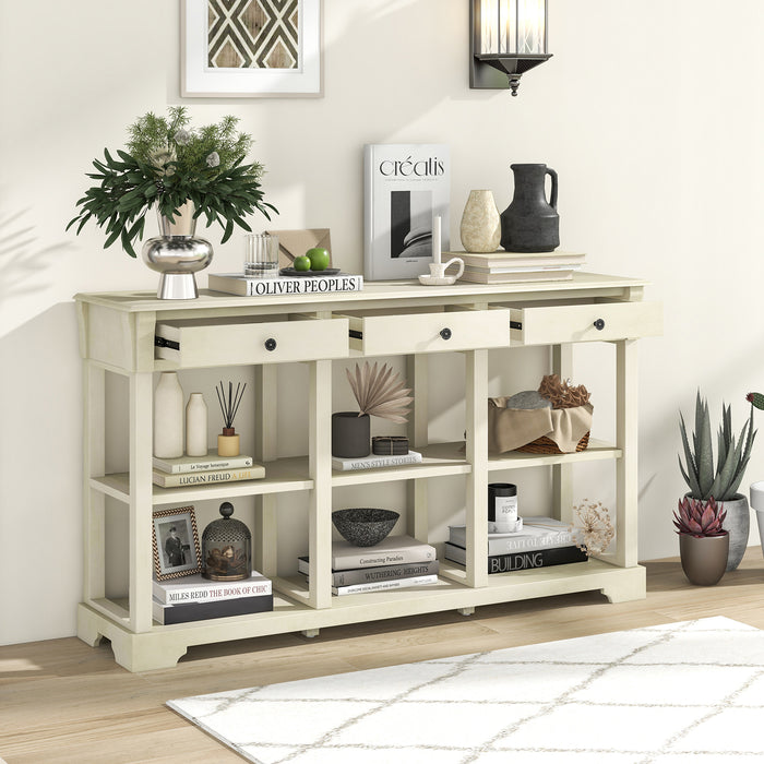 58 Inch Retro Console Table with 3 Drawers and Open Shelves Rectangular Entryway Table-White