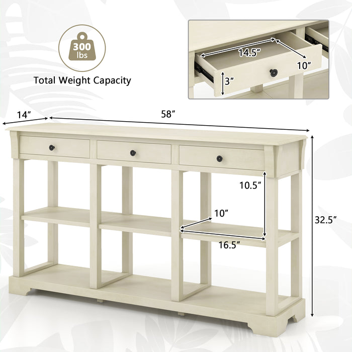 58 Inch Retro Console Table with 3 Drawers and Open Shelves Rectangular Entryway Table-White