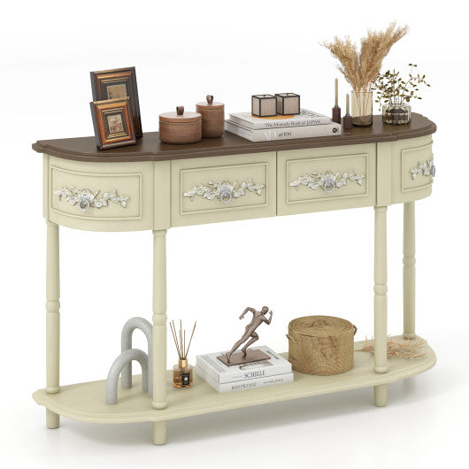 Retro Curved Console Table with Drawers and Solid Wood Legs-Beige