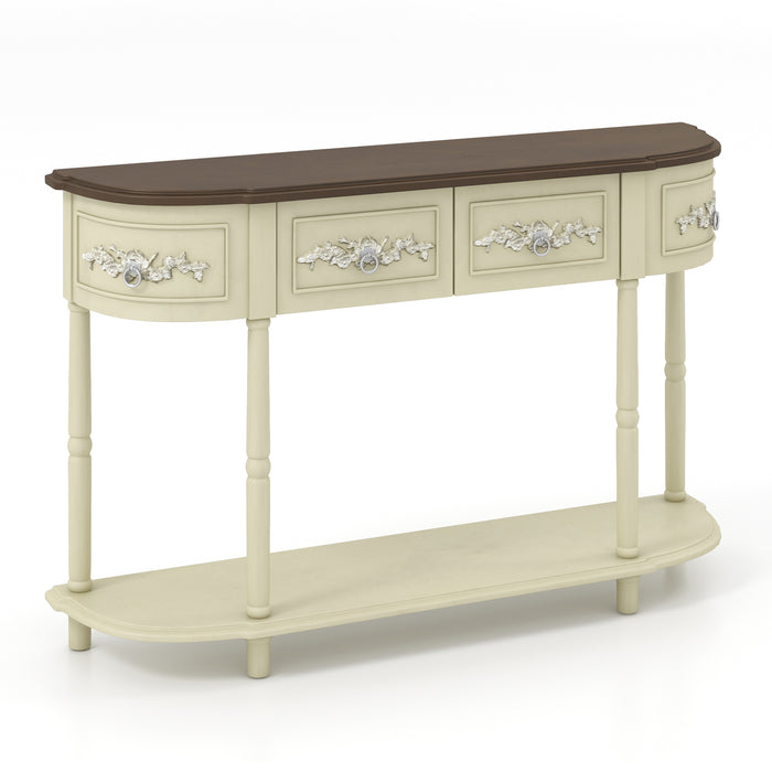 Retro Curved Console Table with Drawers and Solid Wood Legs-Beige