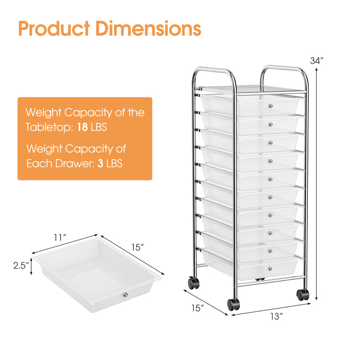 10 Drawer Rolling Storage Cart Organizer with 4 Universal Casters-Clear