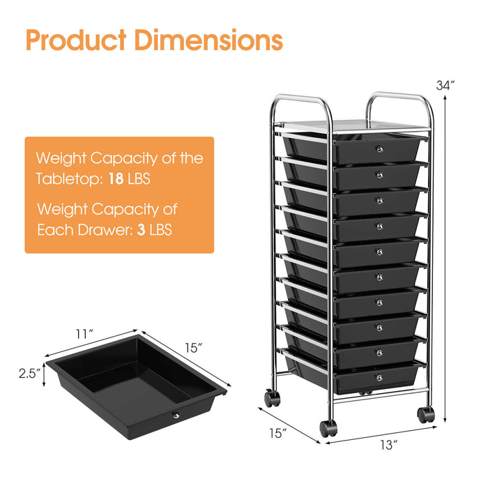 10 Drawer Rolling Storage Cart Organizer with 4 Universal Casters-Black