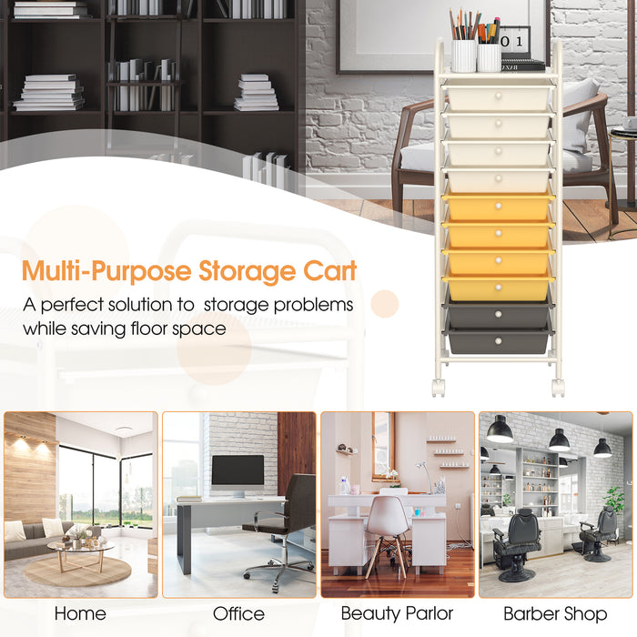 10 Drawer Rolling Storage Cart Organizer with 4 Universal Casters-Yellow