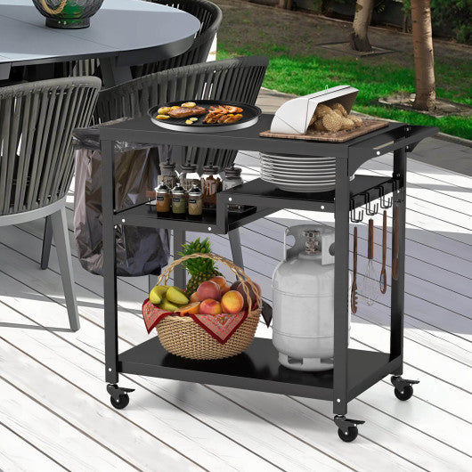 Rolling Grill Cart 3-Shelf BBQ Cart with Hooks and Side Handle-Black