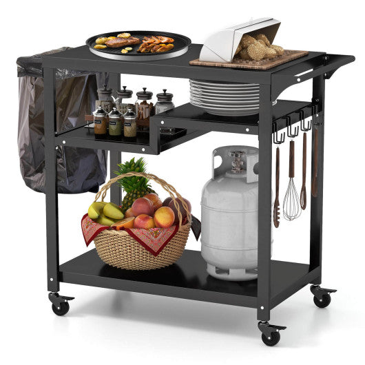 Rolling Grill Cart 3-Shelf BBQ Cart with Hooks and Side Handle-Black