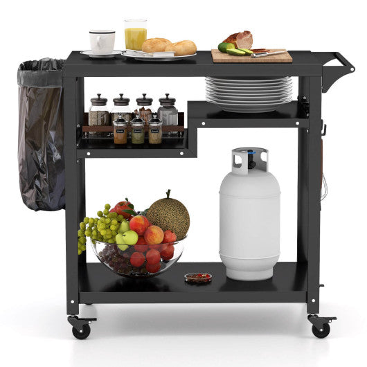 Rolling Grill Cart 3-Shelf BBQ Cart with Hooks and Side Handle-Black