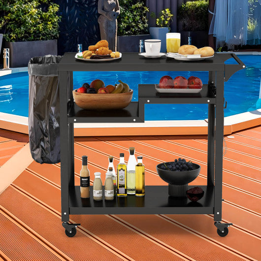 Rolling Grill Cart 3-Shelf BBQ Cart with Hooks and Side Handle-Black