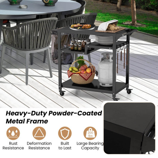 Rolling Grill Cart 3-Shelf BBQ Cart with Hooks and Side Handle-Black