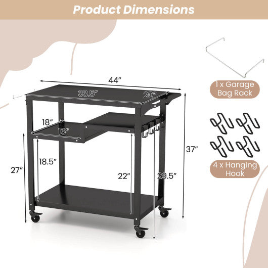 Rolling Grill Cart 3-Shelf BBQ Cart with Hooks and Side Handle-Black