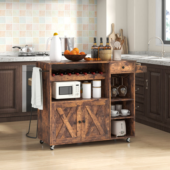 Rolling Kitchen Island Cart with Drop Leaf and Wine Rack-Rustic Brown