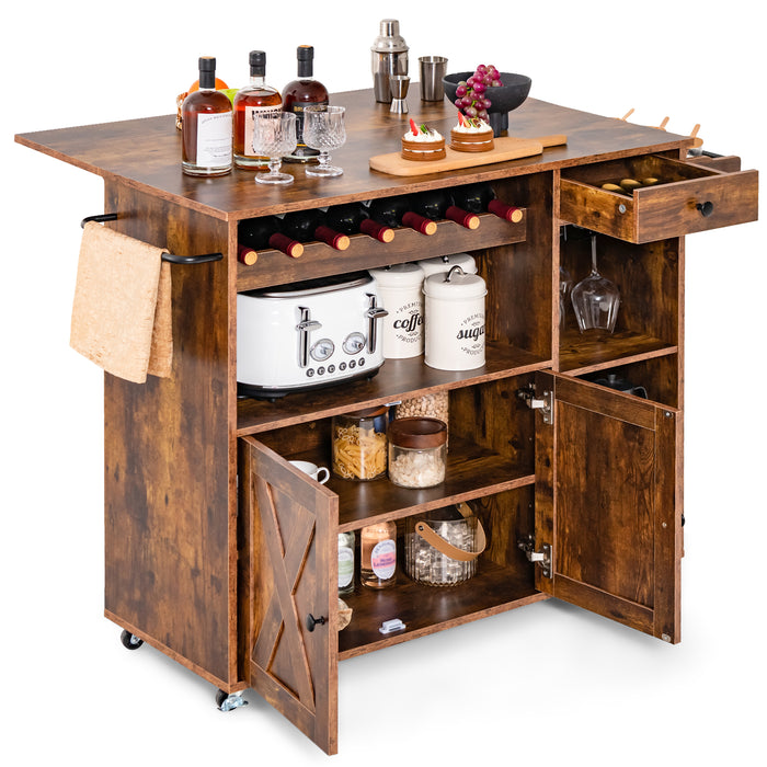 Rolling Kitchen Island Cart with Drop Leaf and Wine Rack-Rustic Brown