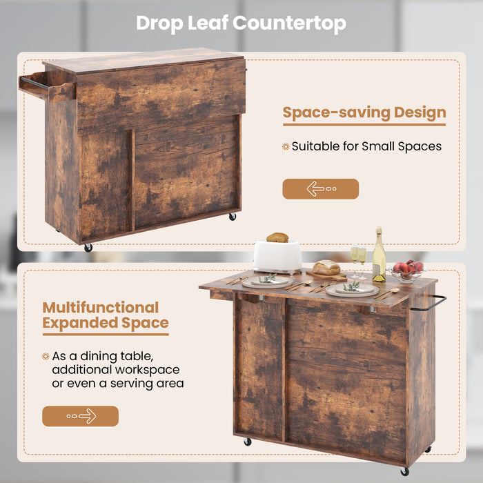 Rolling Kitchen Island Cart with Drop Leaf and Wine Rack-Rustic Brown