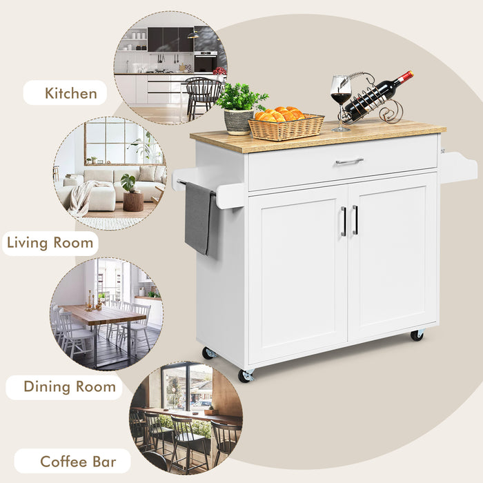 Rolling Kitchen Island Cart with Towel and Spice Rack-White