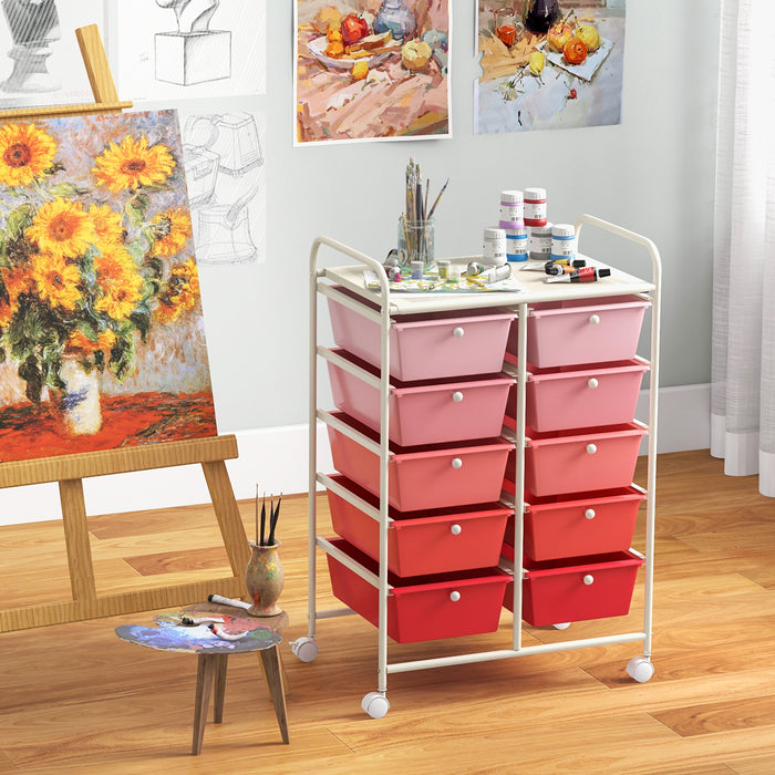 10-Drawer Rolling Storage Cart-Pink