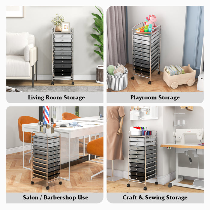 10 Drawer Rolling Storage Cart Organizer with 4 Universal Casters-Gradient Gray