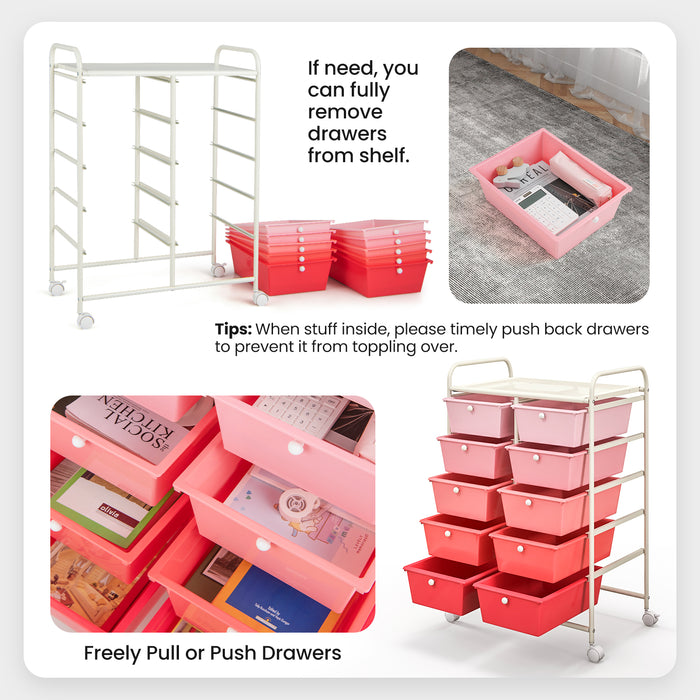 10-Drawer Rolling Storage Cart-Pink