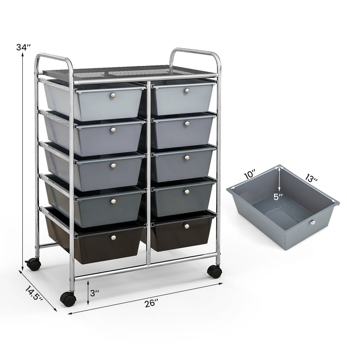 10-Drawer Rolling Storage Cart-Gray