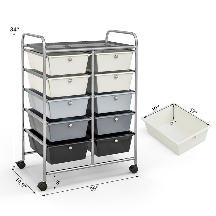 10-Drawer Rolling Storage Cart-Beige & Gray