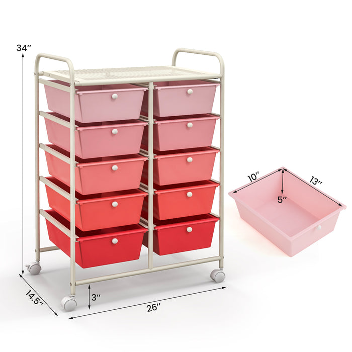 10-Drawer Rolling Storage Cart-Pink